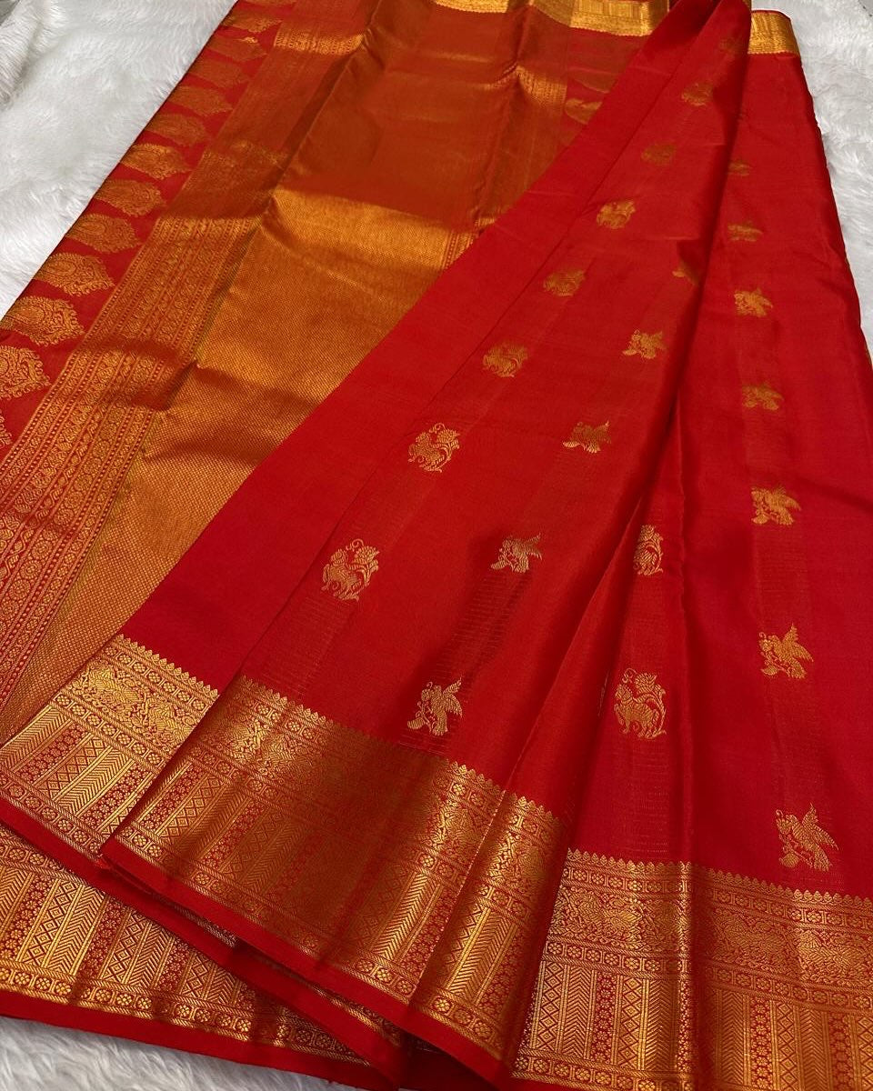 Red and purple animal Banarasi Soft Silk Saree