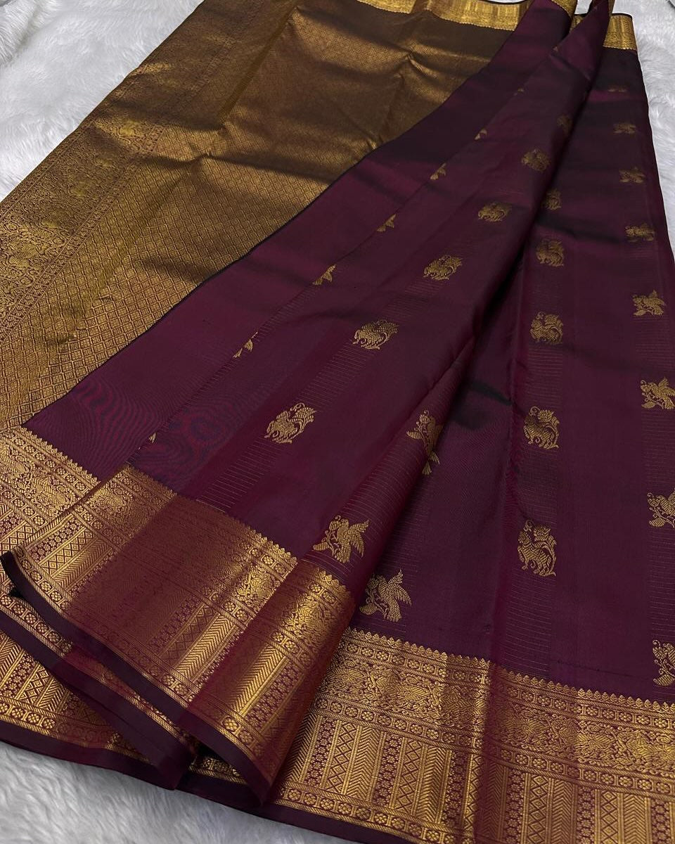 Red and purple animal Banarasi Soft Silk Saree
