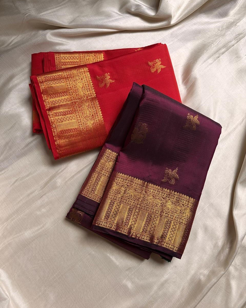 Red and purple animal Banarasi Soft Silk Saree