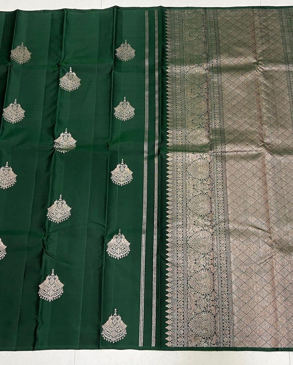 Dark green Banarasi Soft Silk Saree