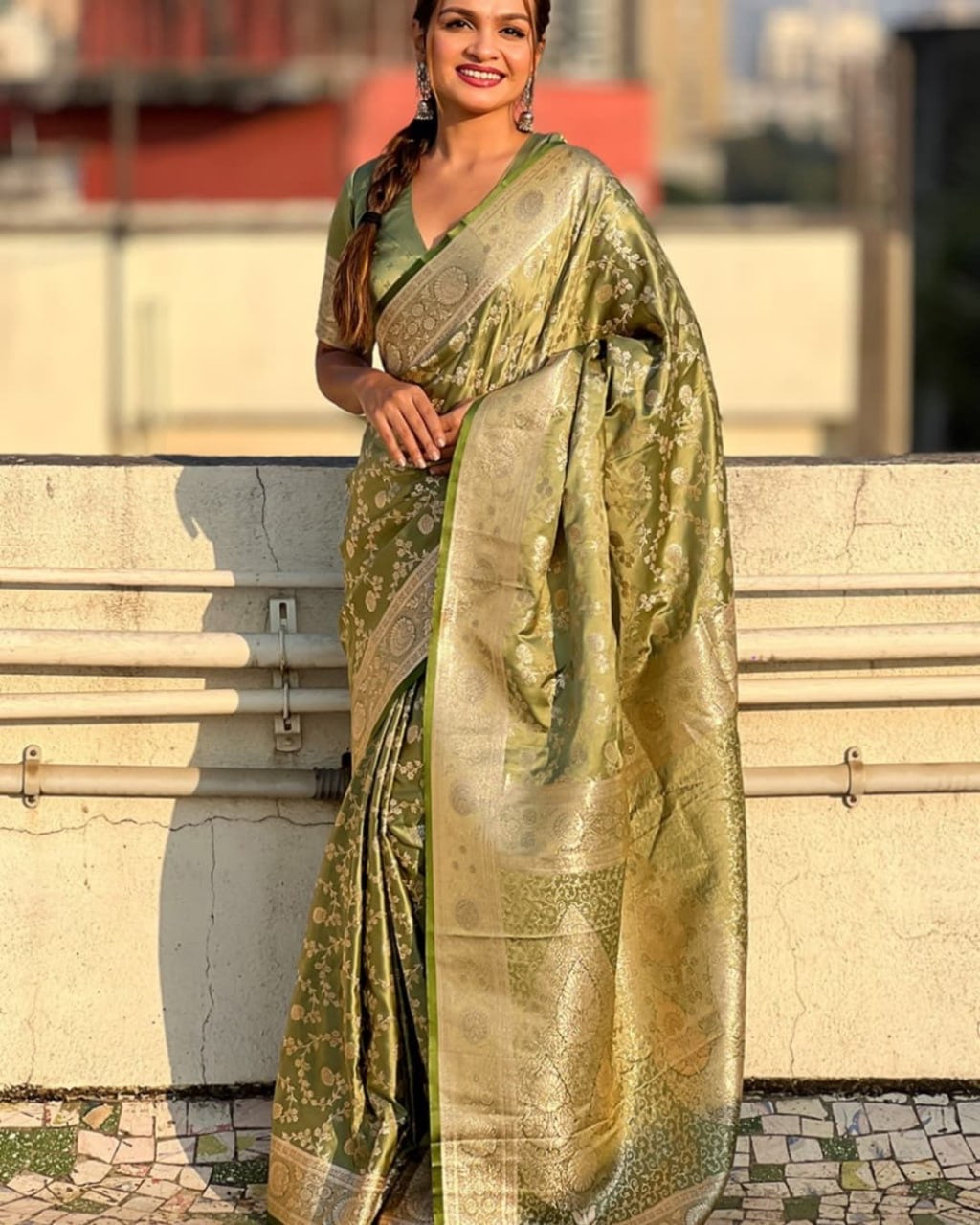 Olive Green Banarasi Silk Saree with Zari Floral Weaving