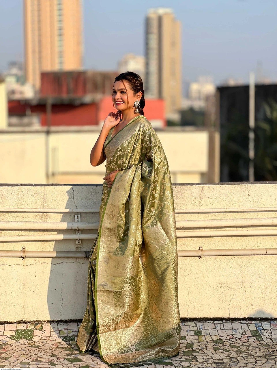 Olive Green Banarasi Silk Saree with Zari Floral Weaving