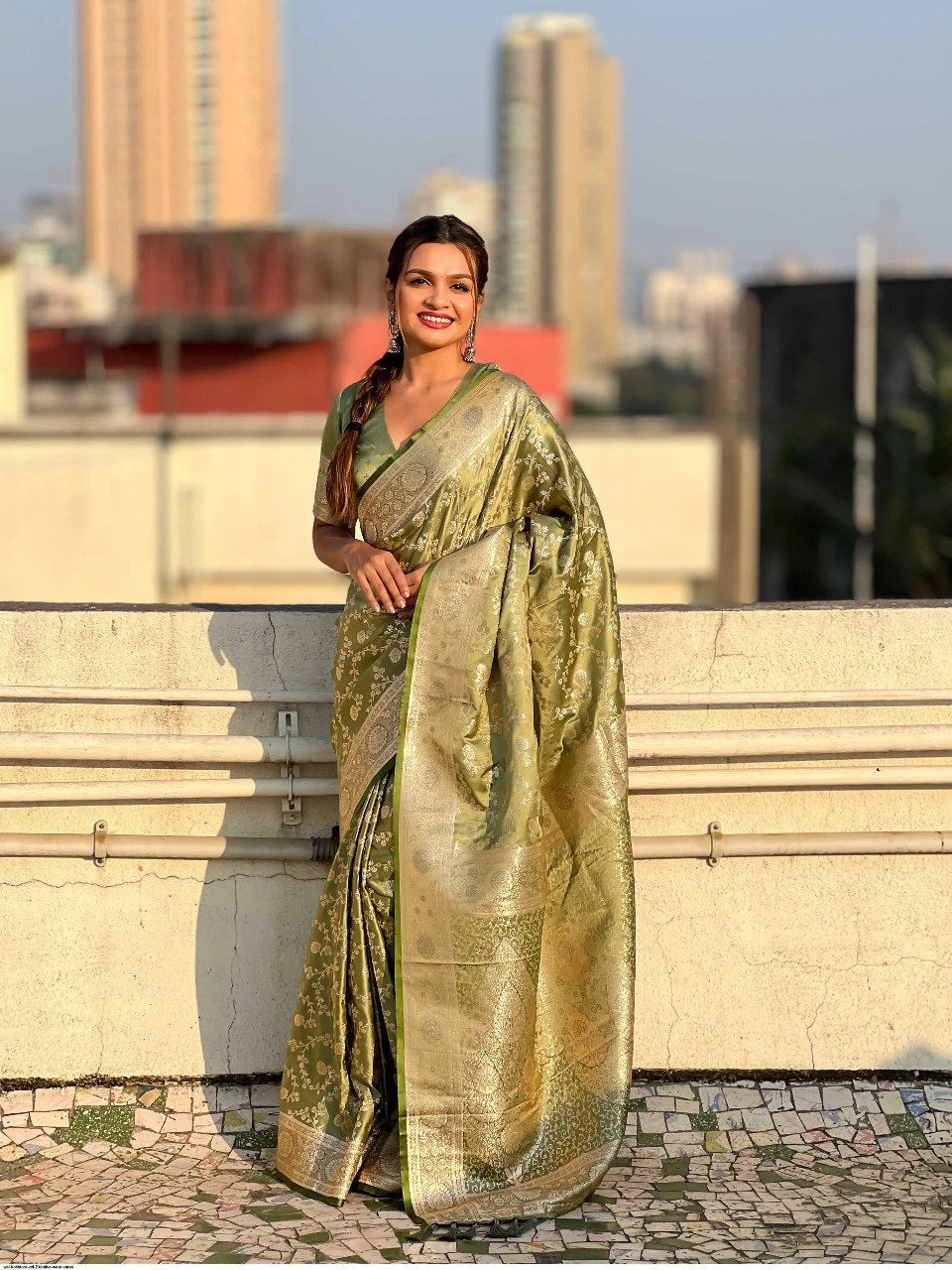Olive Green Banarasi Silk Saree with Zari Floral Weaving