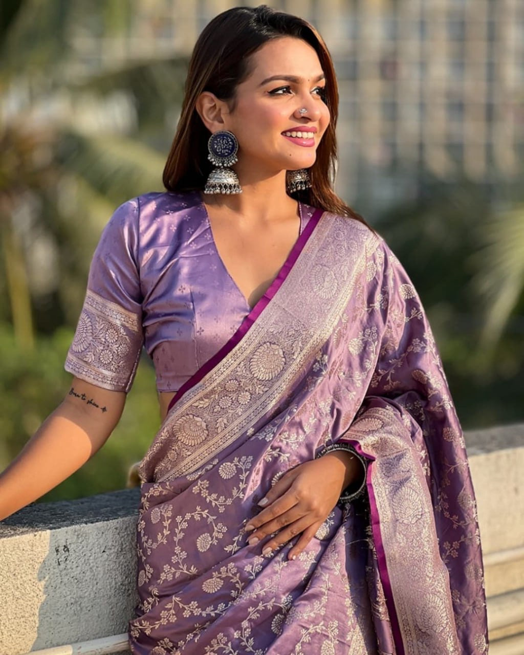 Lavender Banarasi Silk Saree with Intricate Zari Floral
