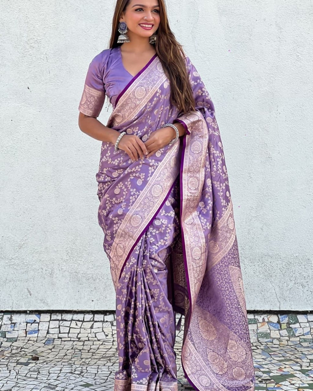 Lavender Banarasi Silk Saree with Intricate Zari Floral