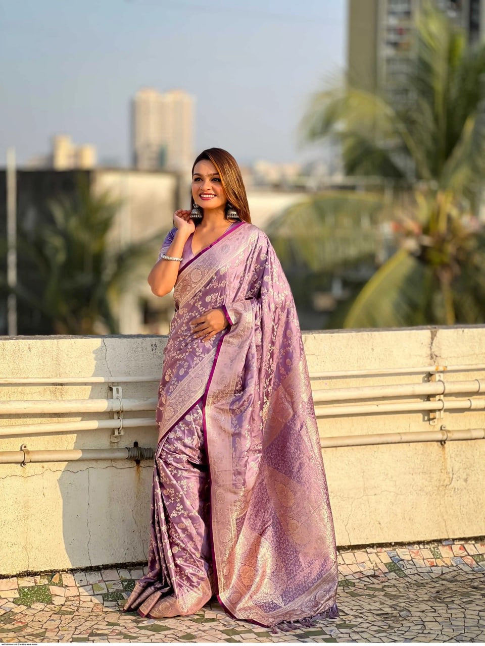 Lavender Banarasi Silk Saree with Intricate Zari Floral