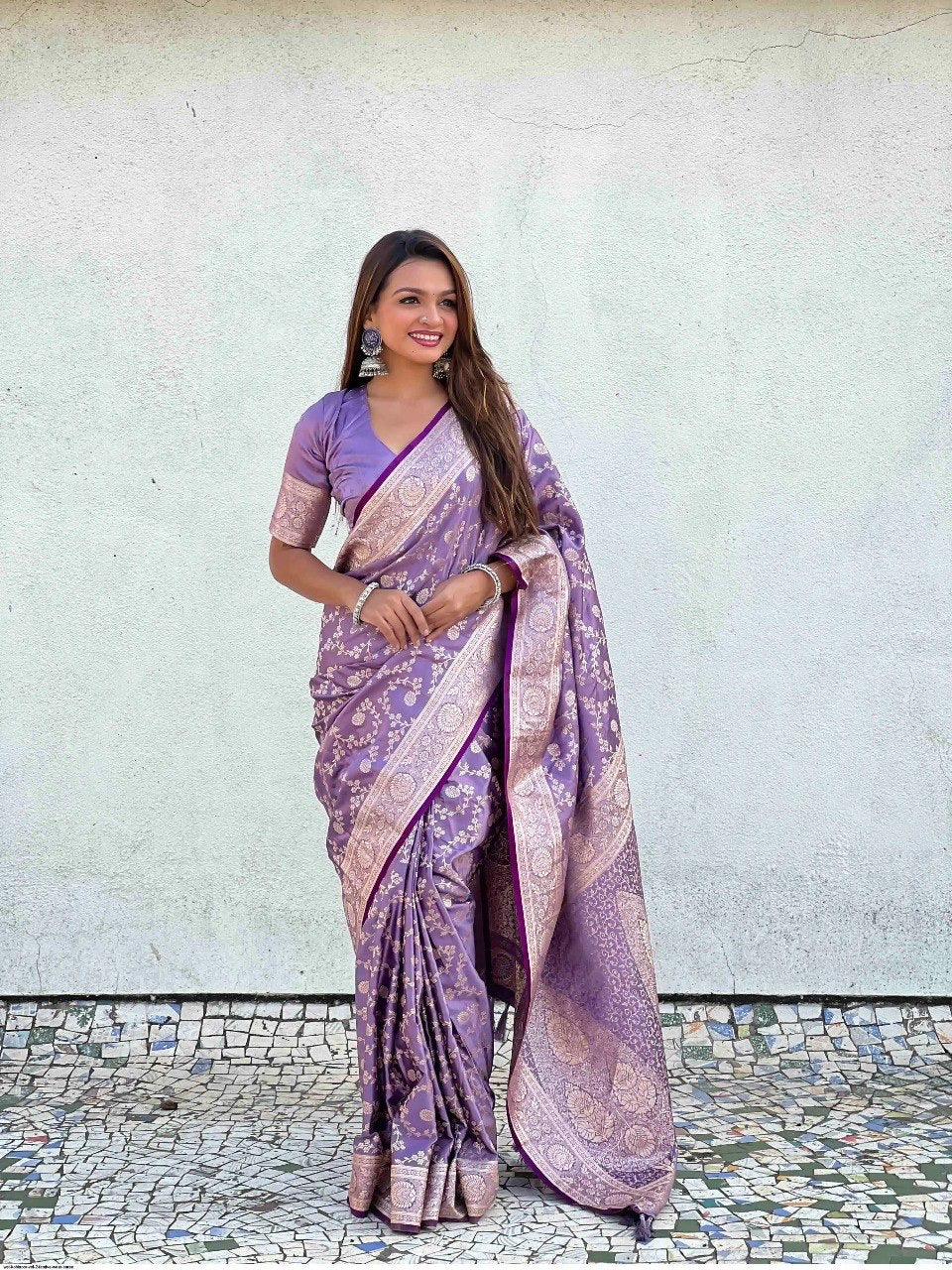 Lavender Banarasi Silk Saree with Intricate Zari Floral