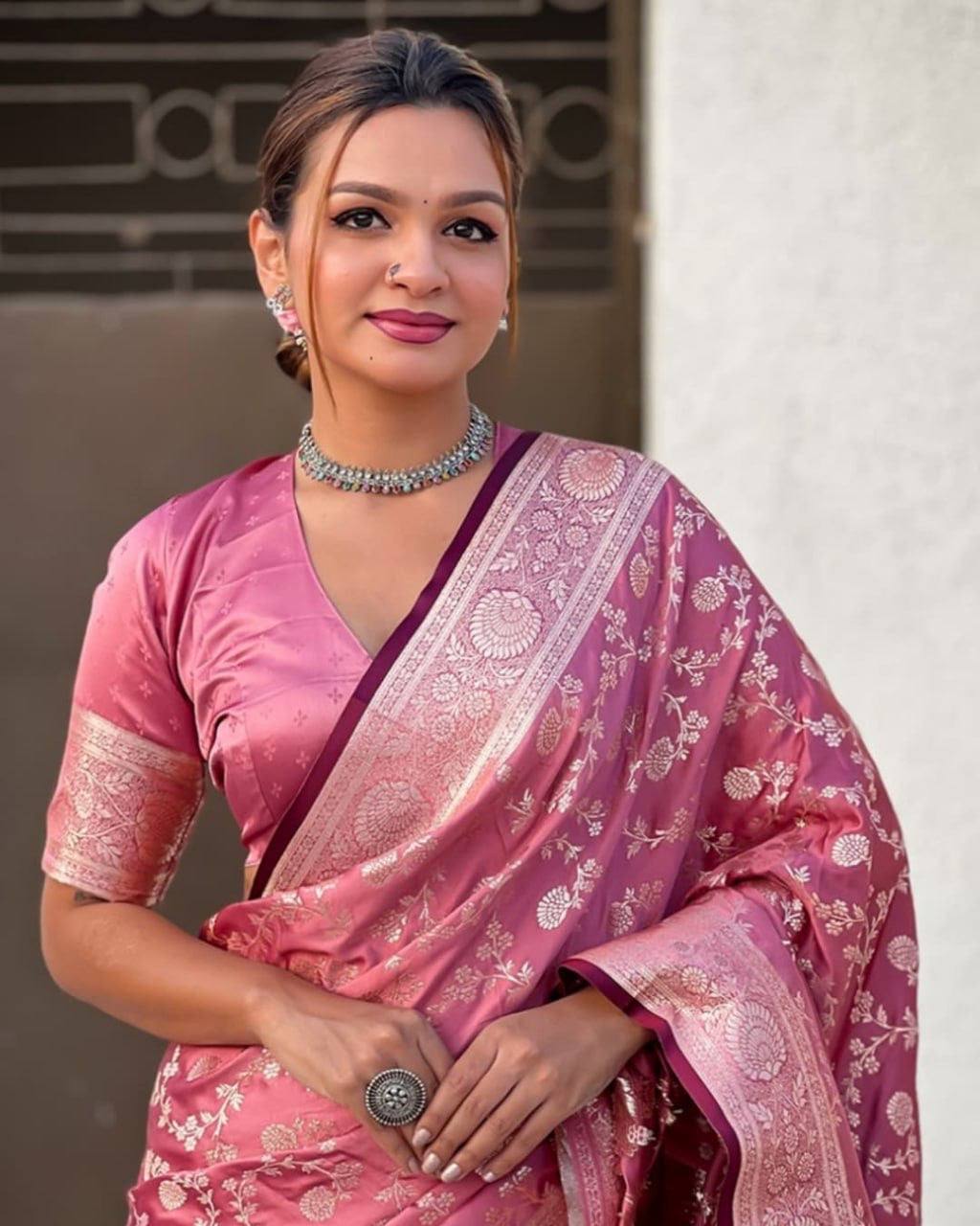 Rose Pink Banarasi Silk Saree with Rich Silver Zari Floral