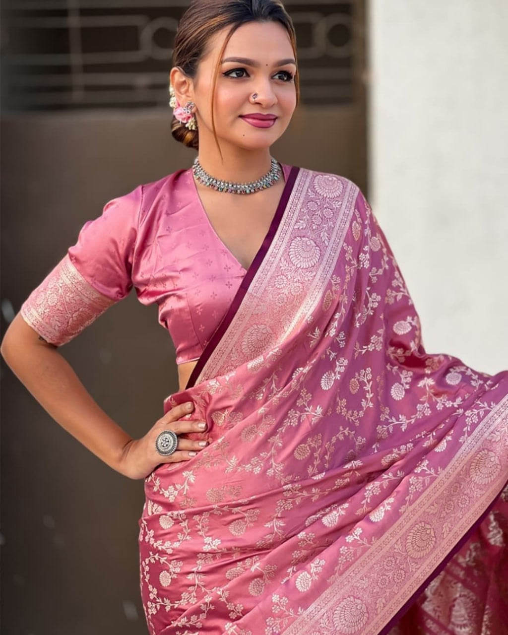Rose Pink Banarasi Silk Saree with Rich Silver Zari Floral