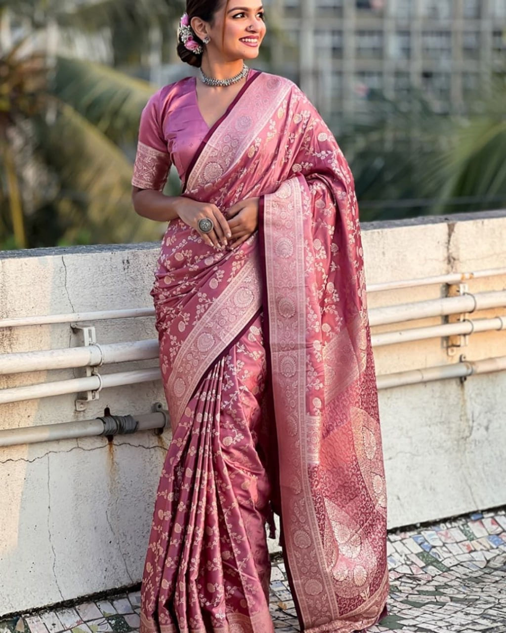 Rose Pink Banarasi Silk Saree with Rich Silver Zari Floral