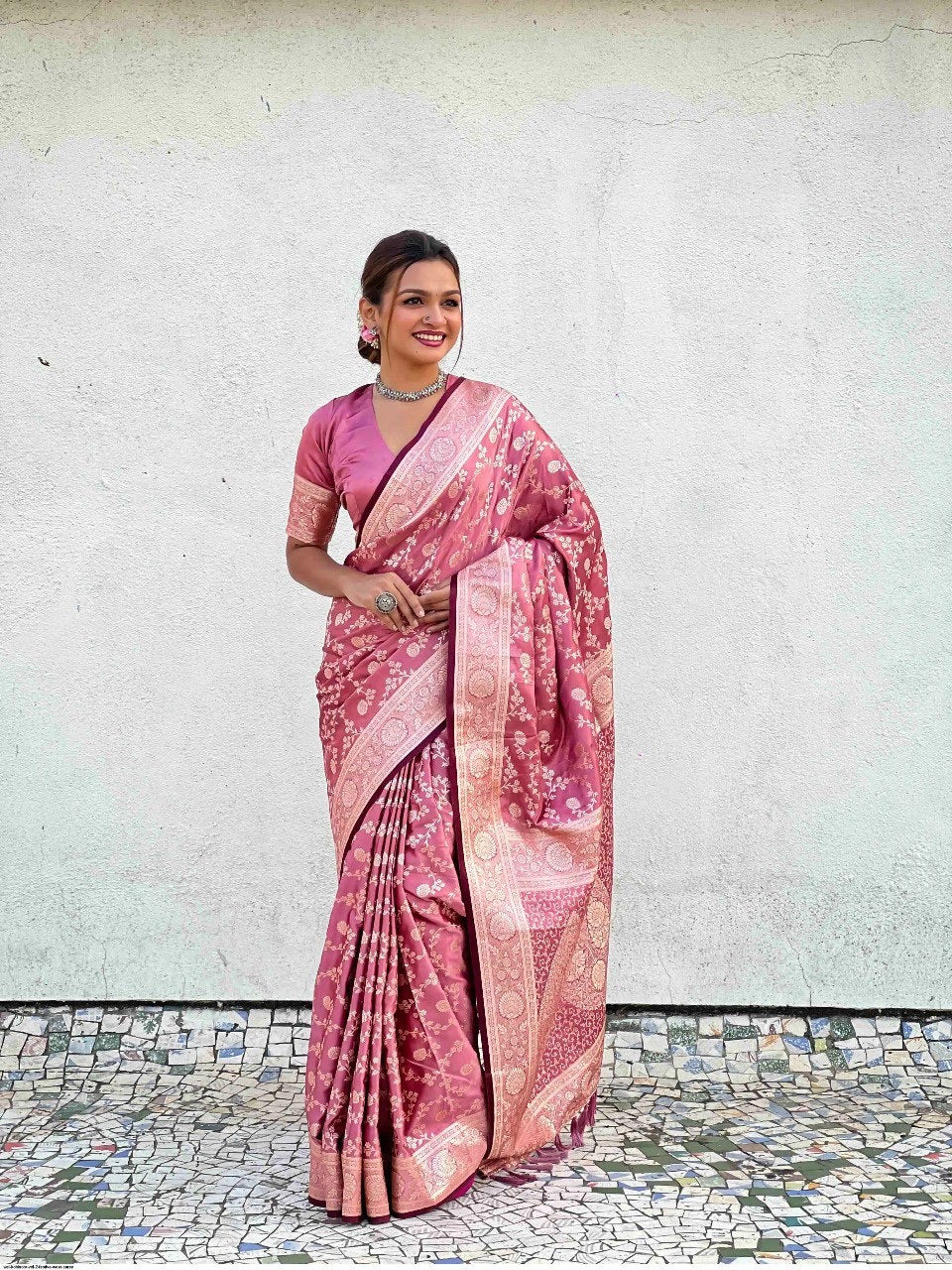 Rose Pink Banarasi Silk Saree with Rich Silver Zari Floral