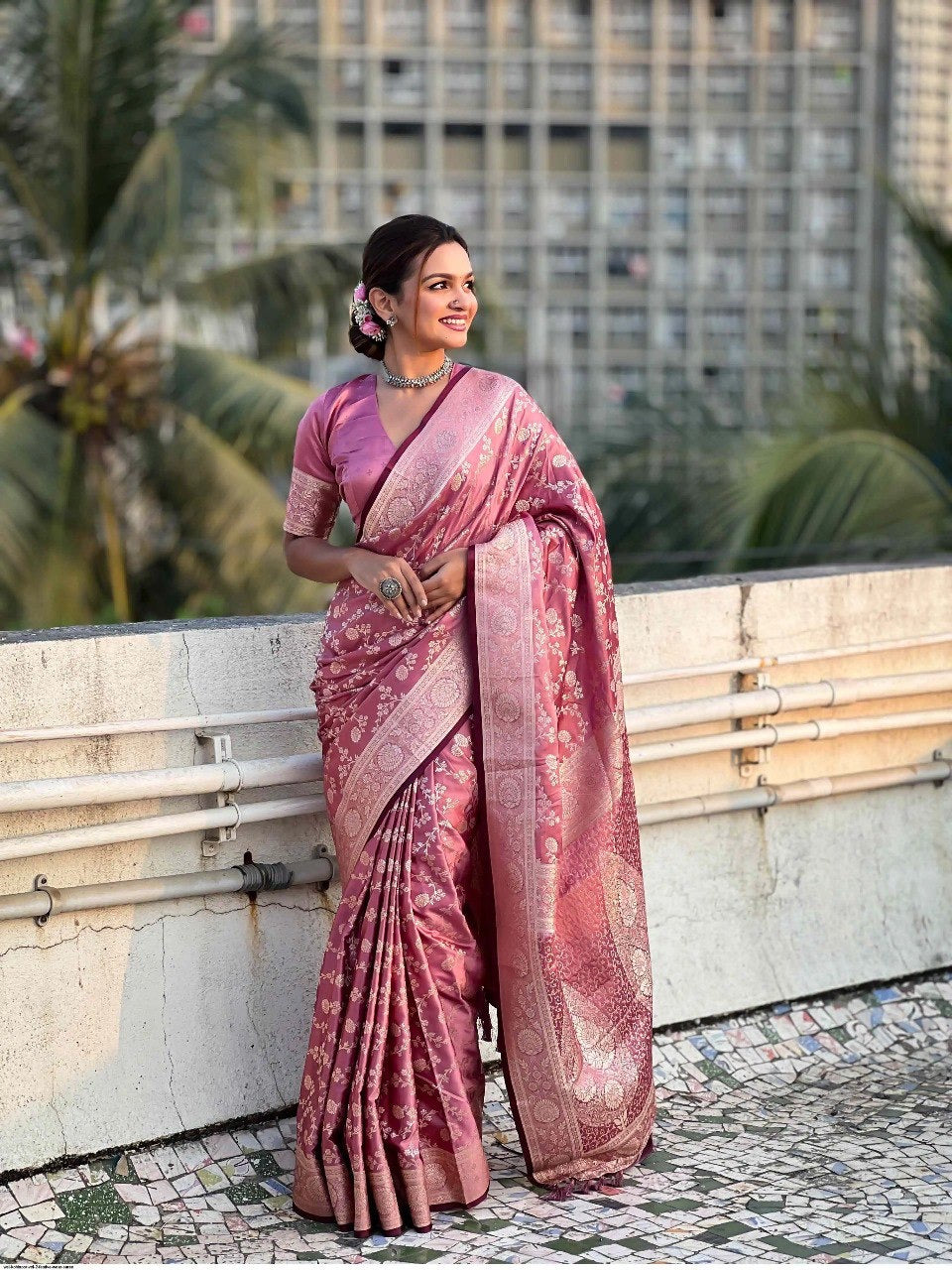 Rose Pink Banarasi Silk Saree with Rich Silver Zari Floral