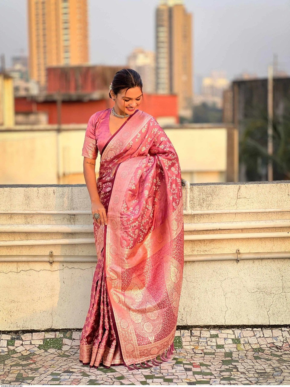 Rose Pink Banarasi Silk Saree with Rich Silver Zari Floral