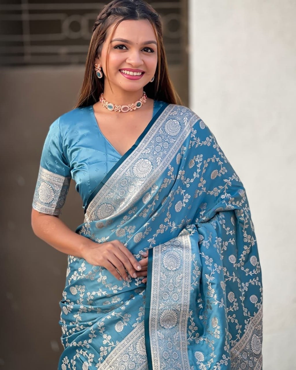 Turquoise Blue Banarasi Silk Saree with Silver Zari Floral