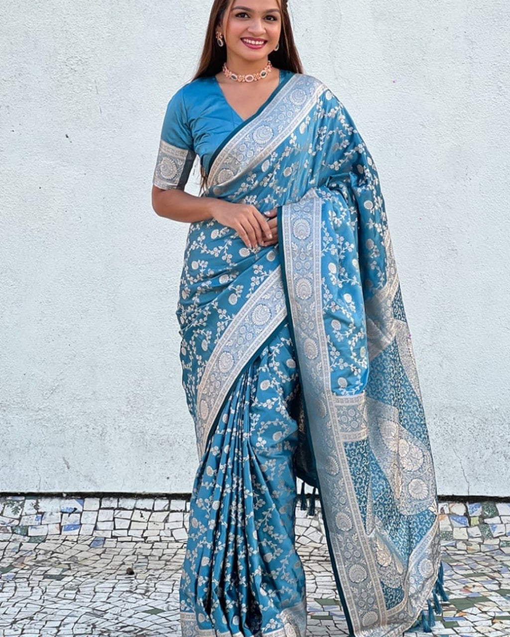 Turquoise Blue Banarasi Silk Saree with Silver Zari Floral