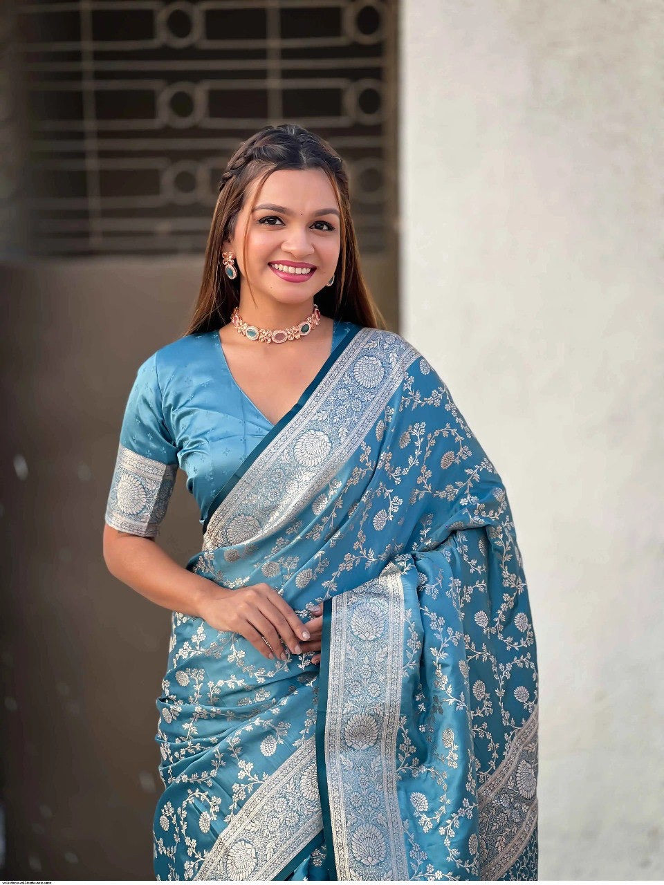 Turquoise Blue Banarasi Silk Saree with Silver Zari Floral