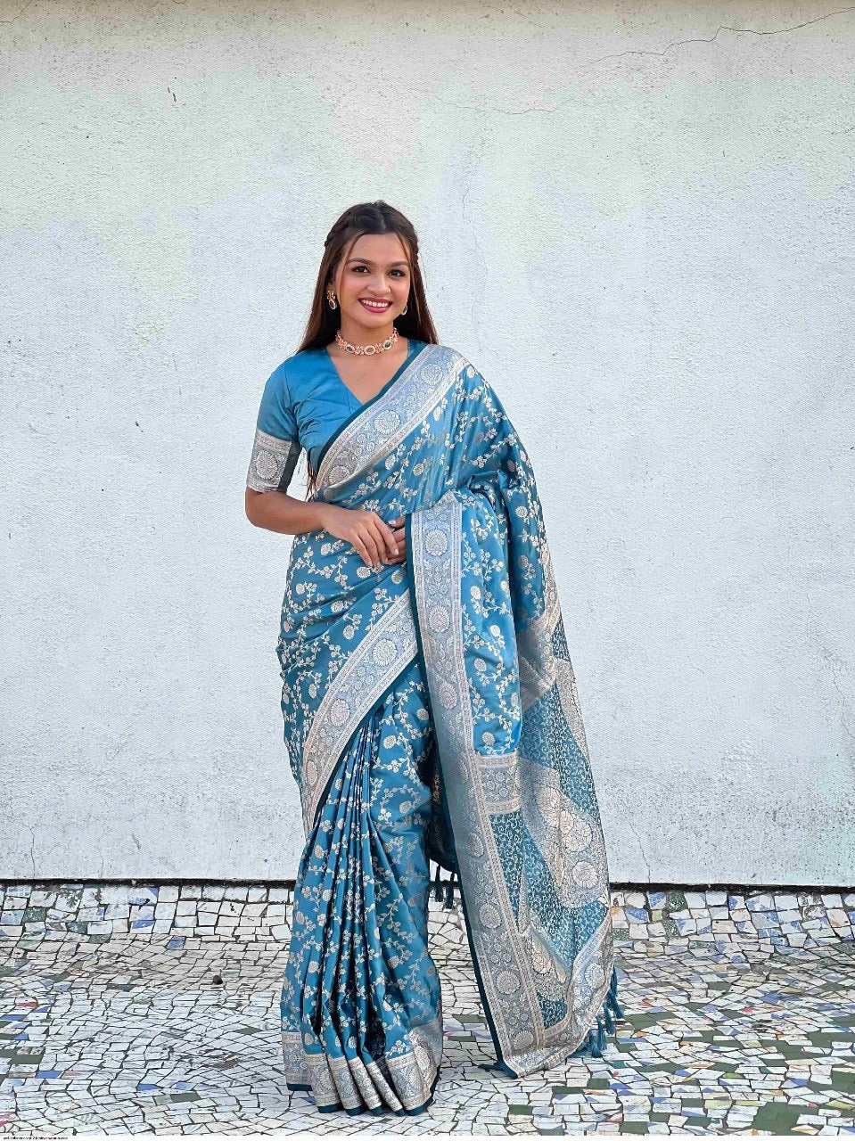 Turquoise Blue Banarasi Silk Saree with Silver Zari Floral