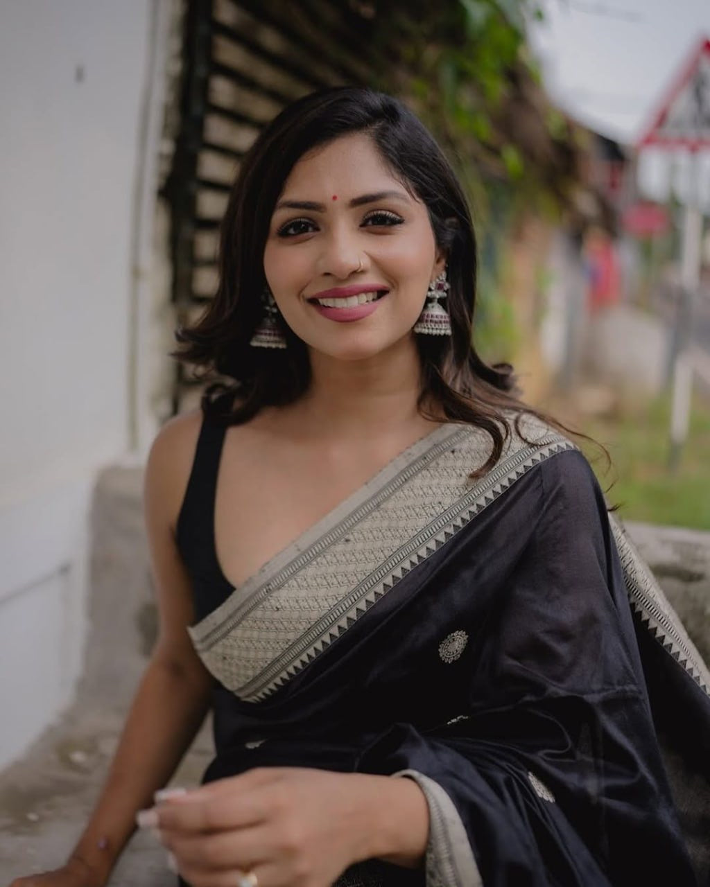 Classic Black Banarasi Silk Saree with Silver Polka Motifs