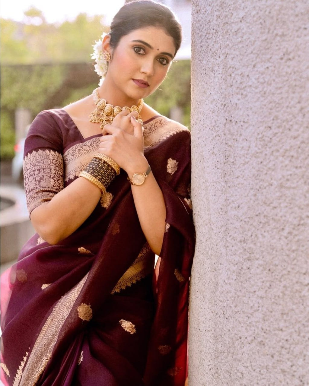 Maroon Organza Silk Saree with Antique Zari Buttas and Floral Border