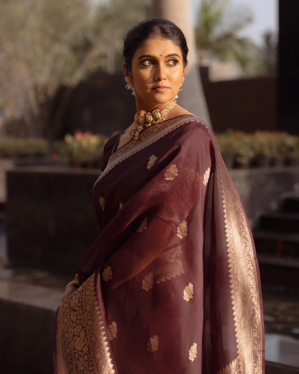 Maroon Organza Silk Saree with Antique Zari Buttas and Floral Border