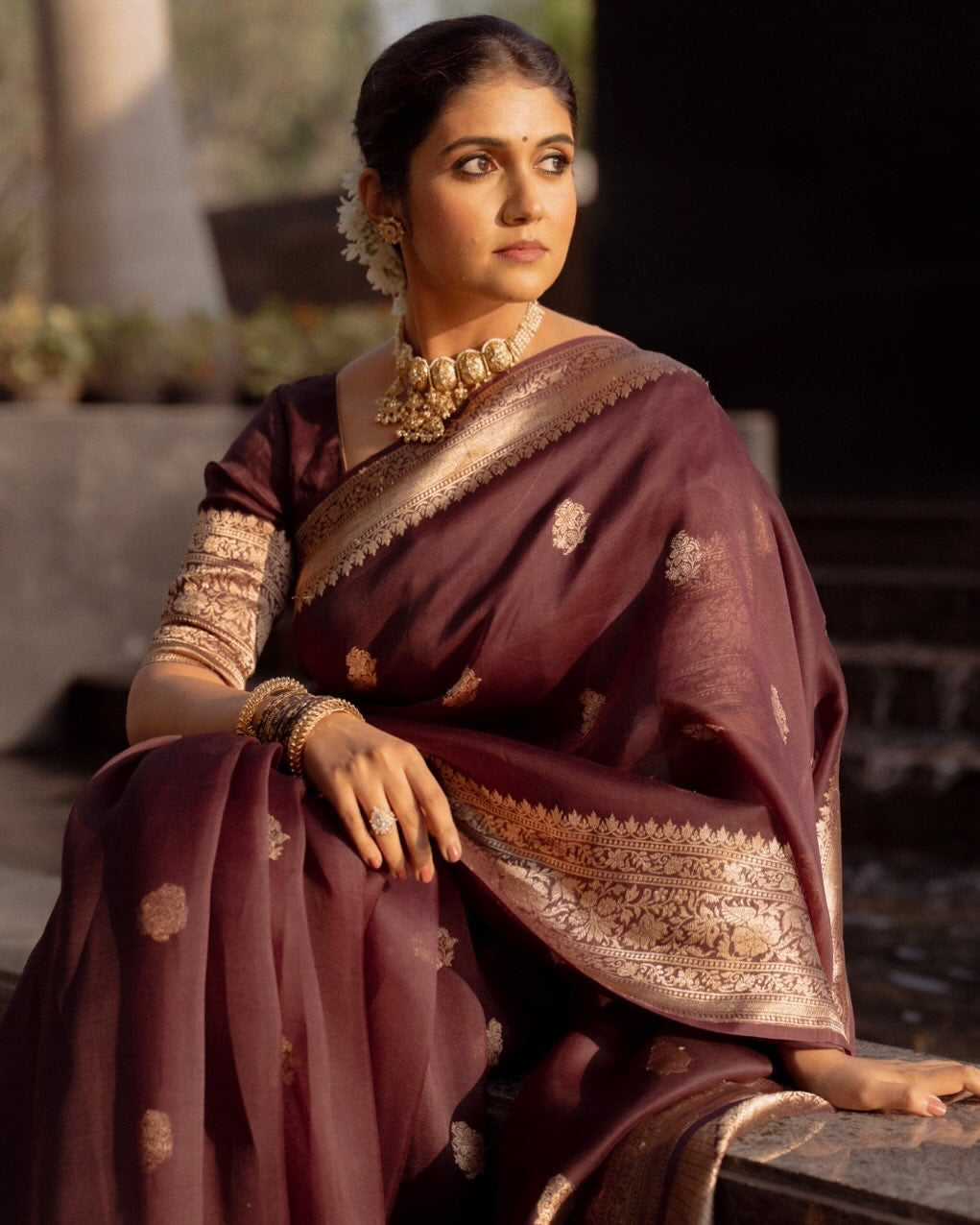 Maroon Organza Silk Saree with Antique Zari Buttas and Floral Border