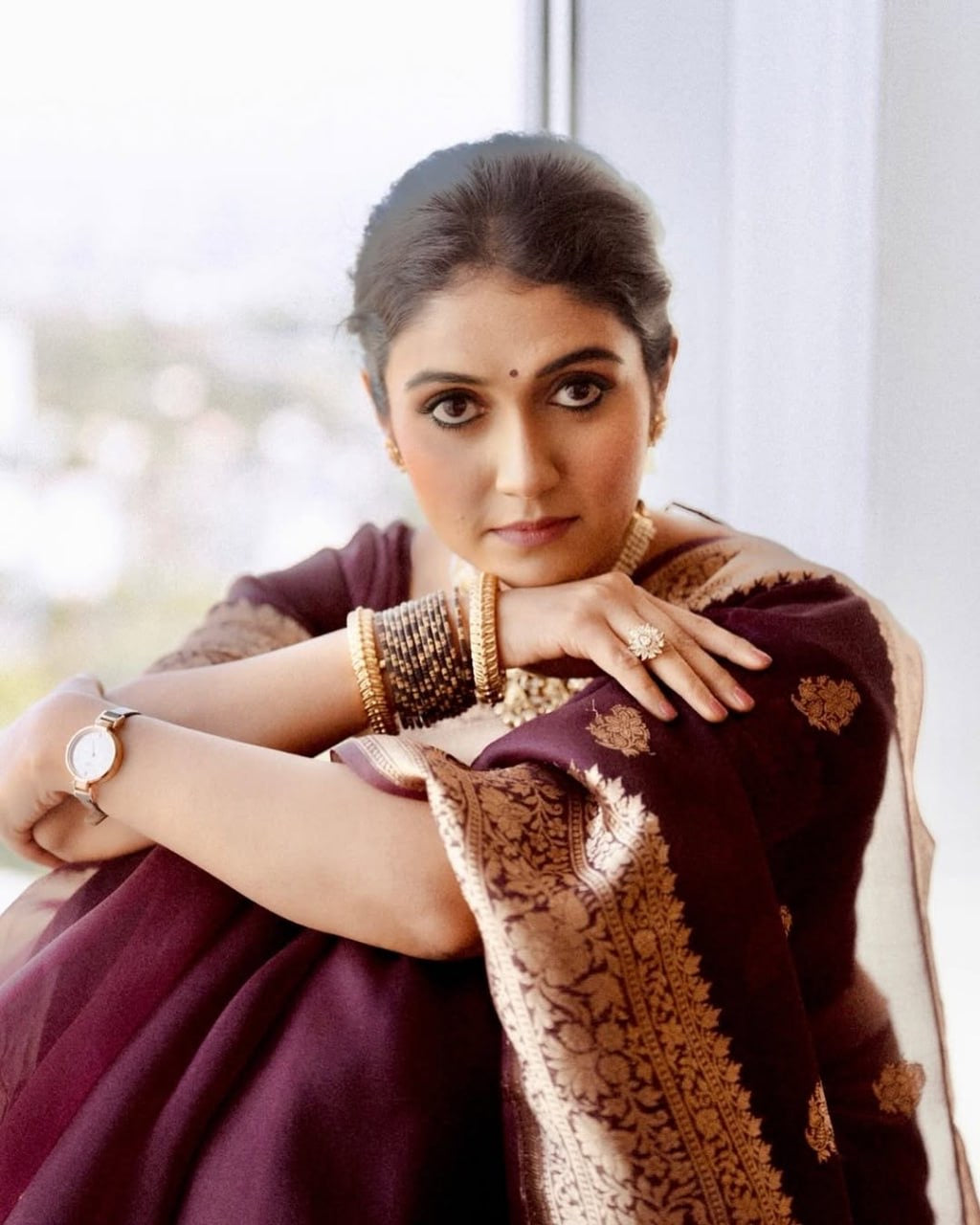 Maroon Organza Silk Saree with Antique Zari Buttas and Floral Border