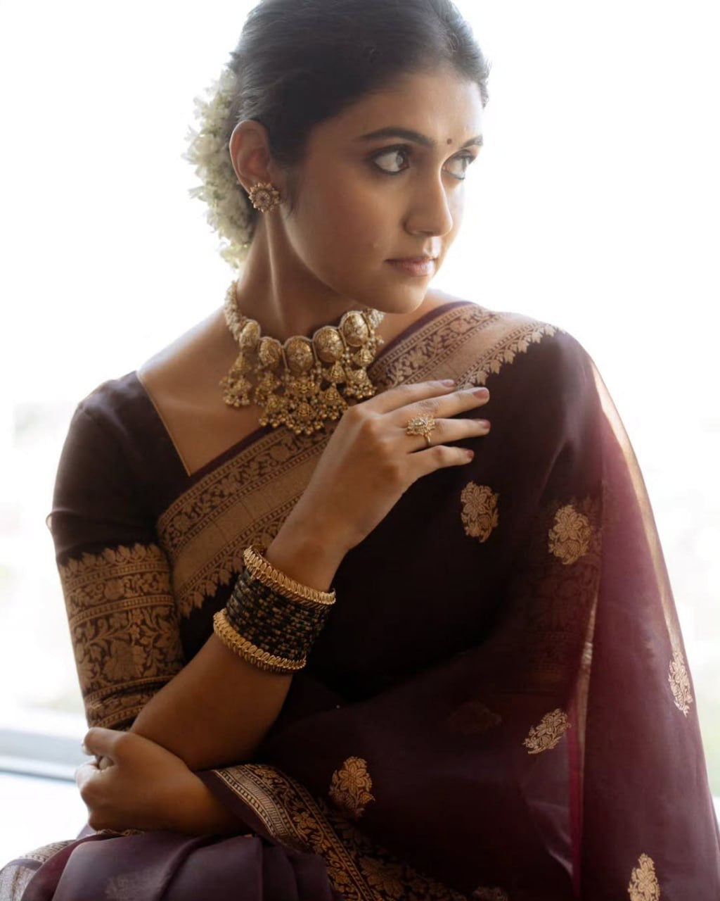 Maroon Organza Silk Saree with Antique Zari Buttas and Floral Border