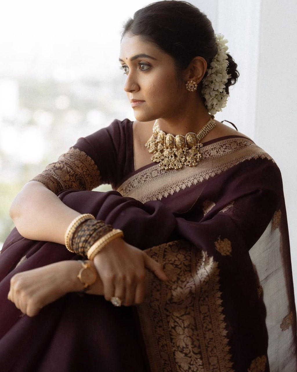 Maroon Organza Silk Saree with Antique Zari Buttas and Floral Border