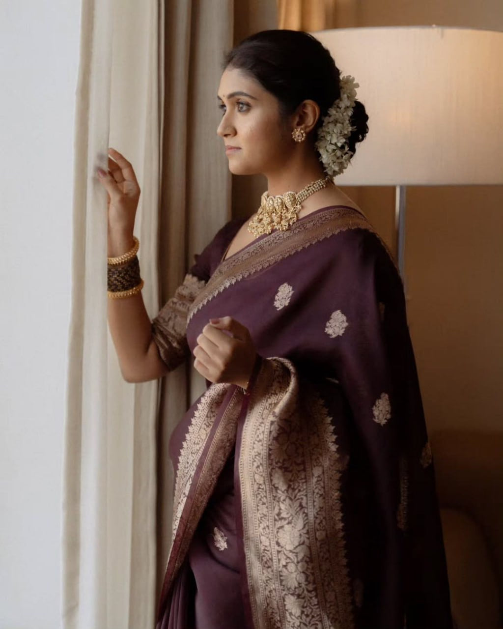 Maroon Organza Silk Saree with Antique Zari Buttas and Floral Border
