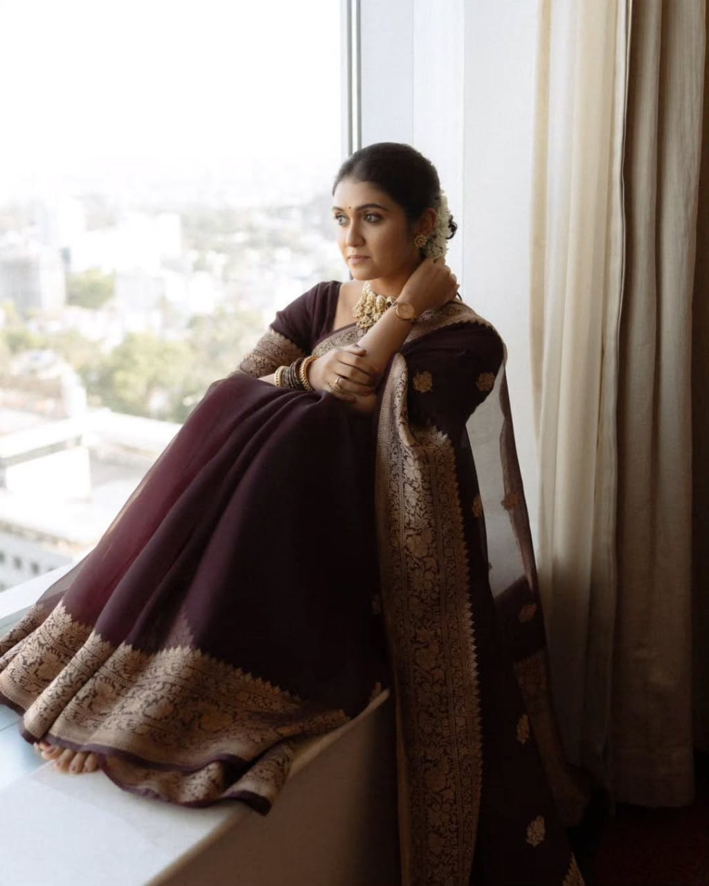 Maroon Organza Silk Saree with Antique Zari Buttas and Floral Border