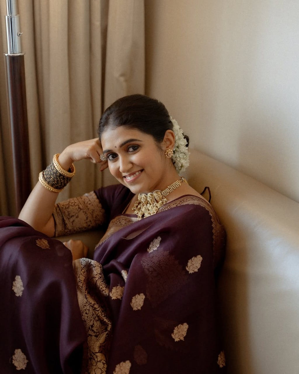 Maroon Organza Silk Saree with Antique Zari Buttas and Floral Border