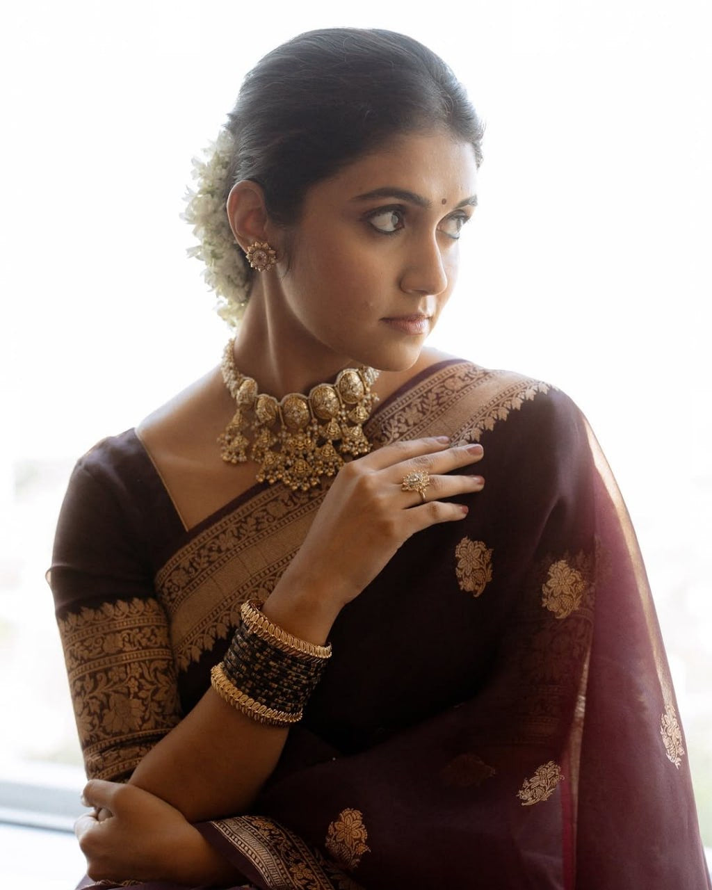 Maroon Organza Silk Saree with Antique Zari Buttas and Floral Border