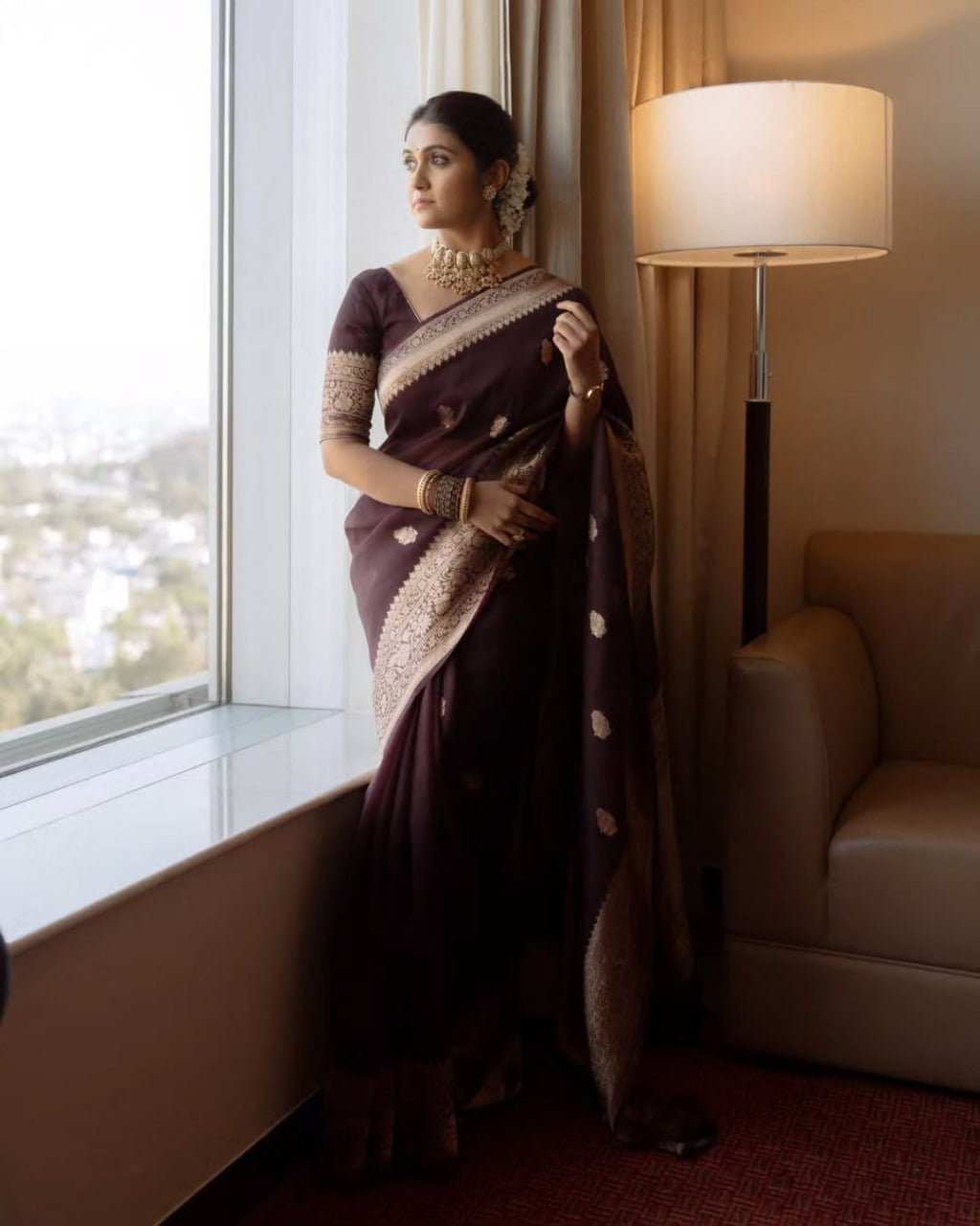Maroon Organza Silk Saree with Antique Zari Buttas and Floral Border