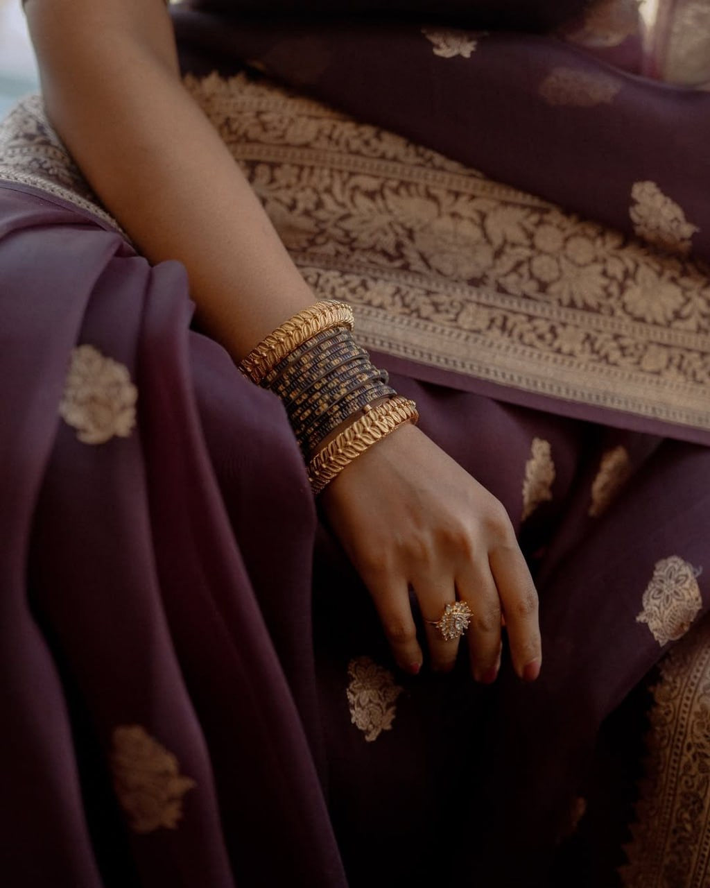 Maroon Organza Silk Saree with Antique Zari Buttas and Floral Border