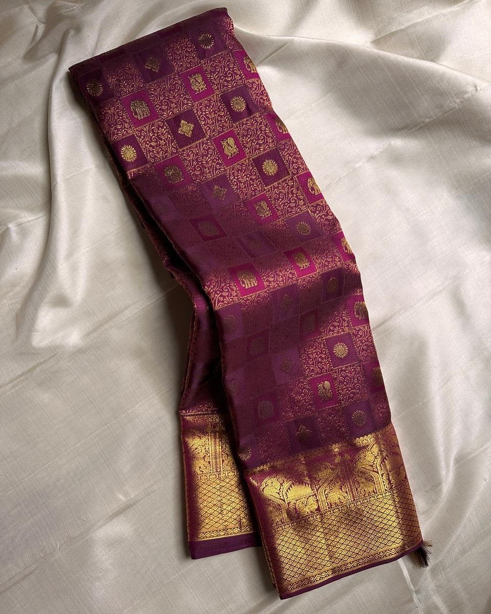 Maroon Banarasi Silk Saree with Gold Zari and Ornate Temple Motif Pallu