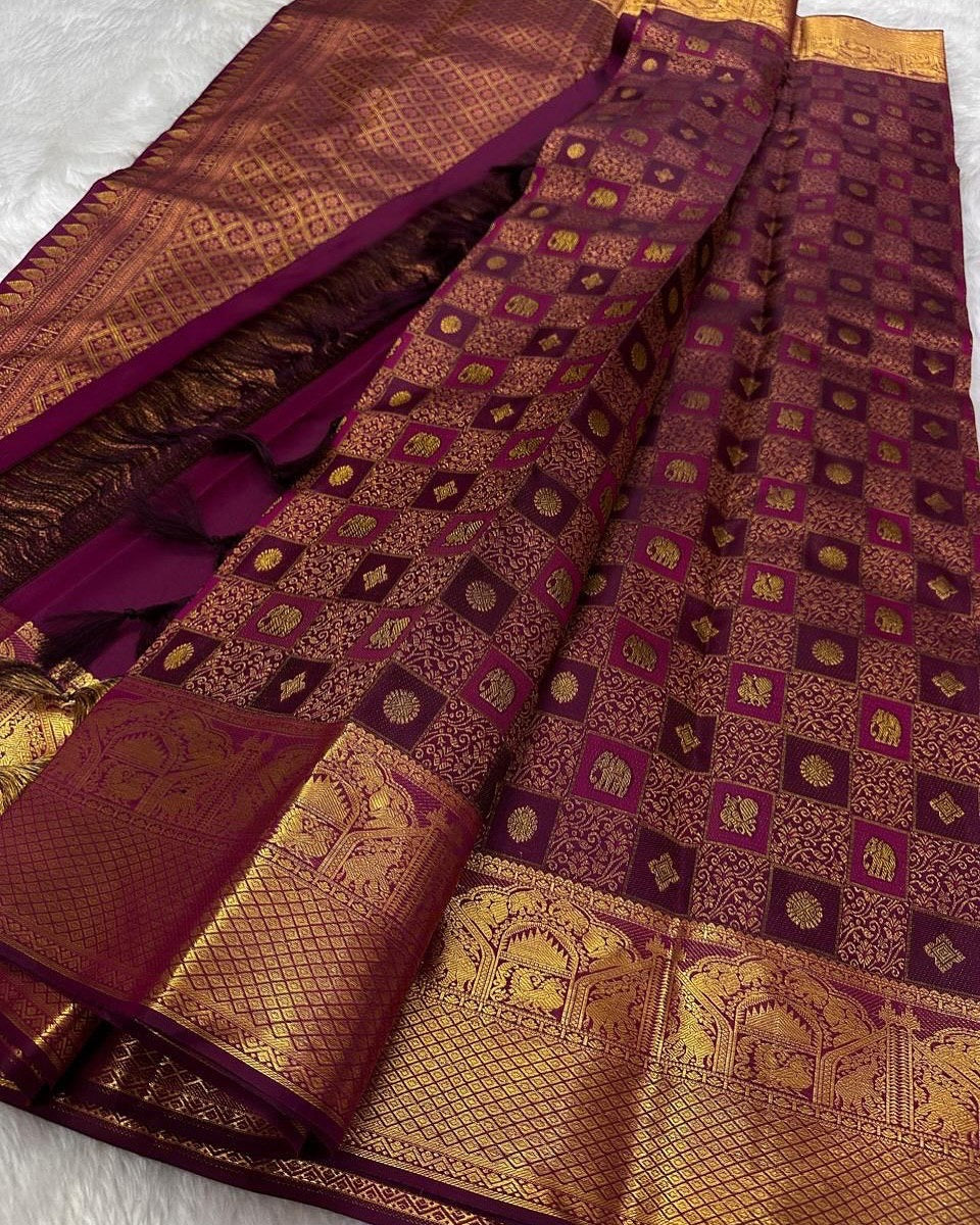 Maroon Banarasi Silk Saree with Gold Zari and Ornate Temple Motif Pallu