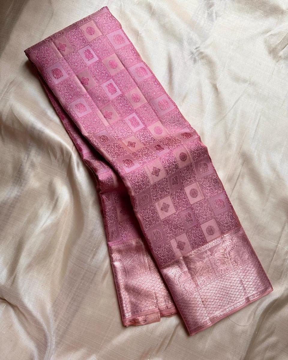 Soft Blush Pink Banarasi Silk Saree with Intricate Zari Checkered Motifs