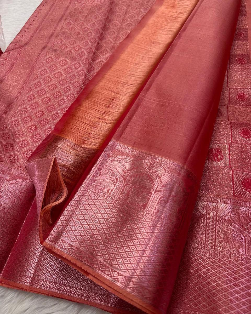 Elegant Coral Pink Banarasi Silk Saree with All-Over Zari Checkered Motifs