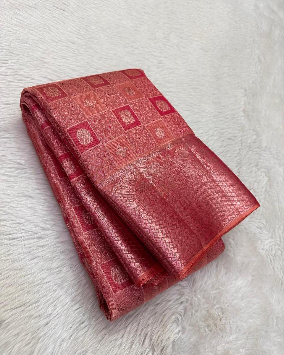 Elegant Coral Pink Banarasi Silk Saree with All-Over Zari Checkered Motifs