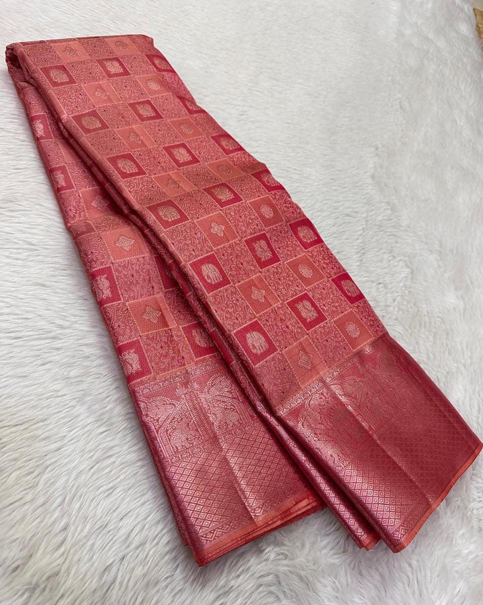 Elegant Coral Pink Banarasi Silk Saree with All-Over Zari Checkered Motifs