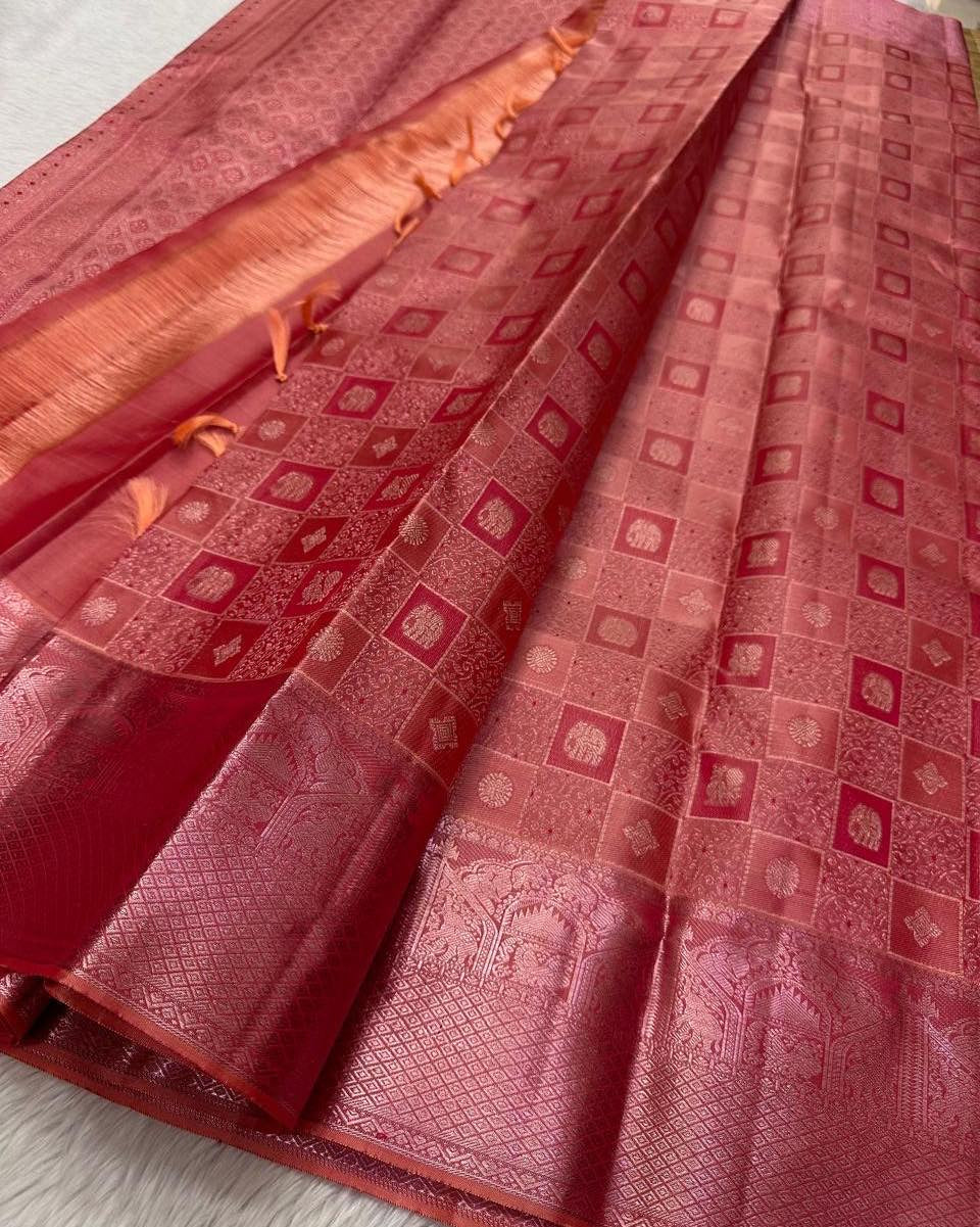 Elegant Coral Pink Banarasi Silk Saree with All-Over Zari Checkered Motifs