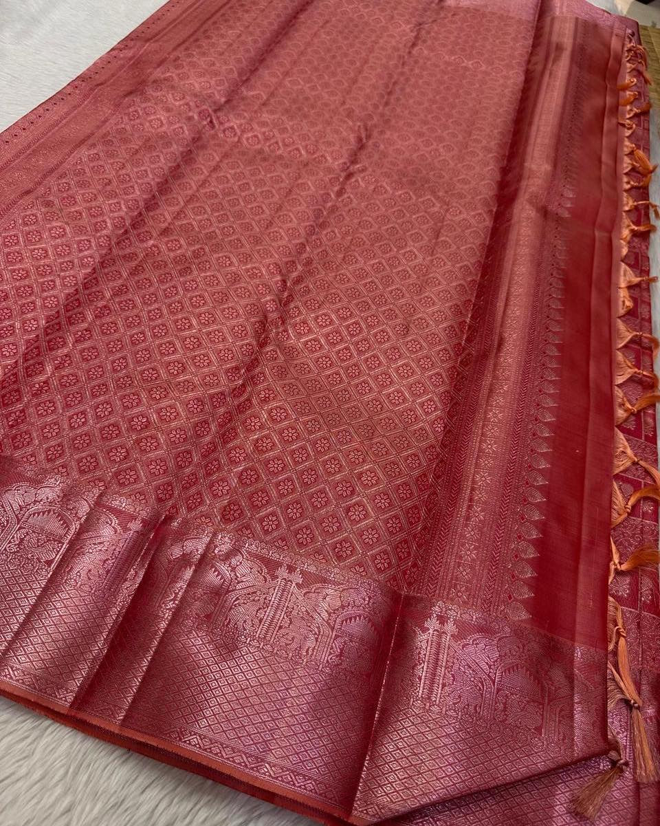 Elegant Coral Pink Banarasi Silk Saree with All-Over Zari Checkered Motifs