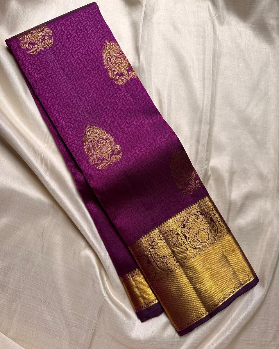 Magenta Pure Silk Saree with Gold Zari Buttas & Traditional Border