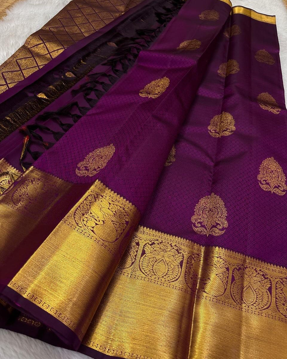 Magenta Pure Silk Saree with Gold Zari Buttas & Traditional Border