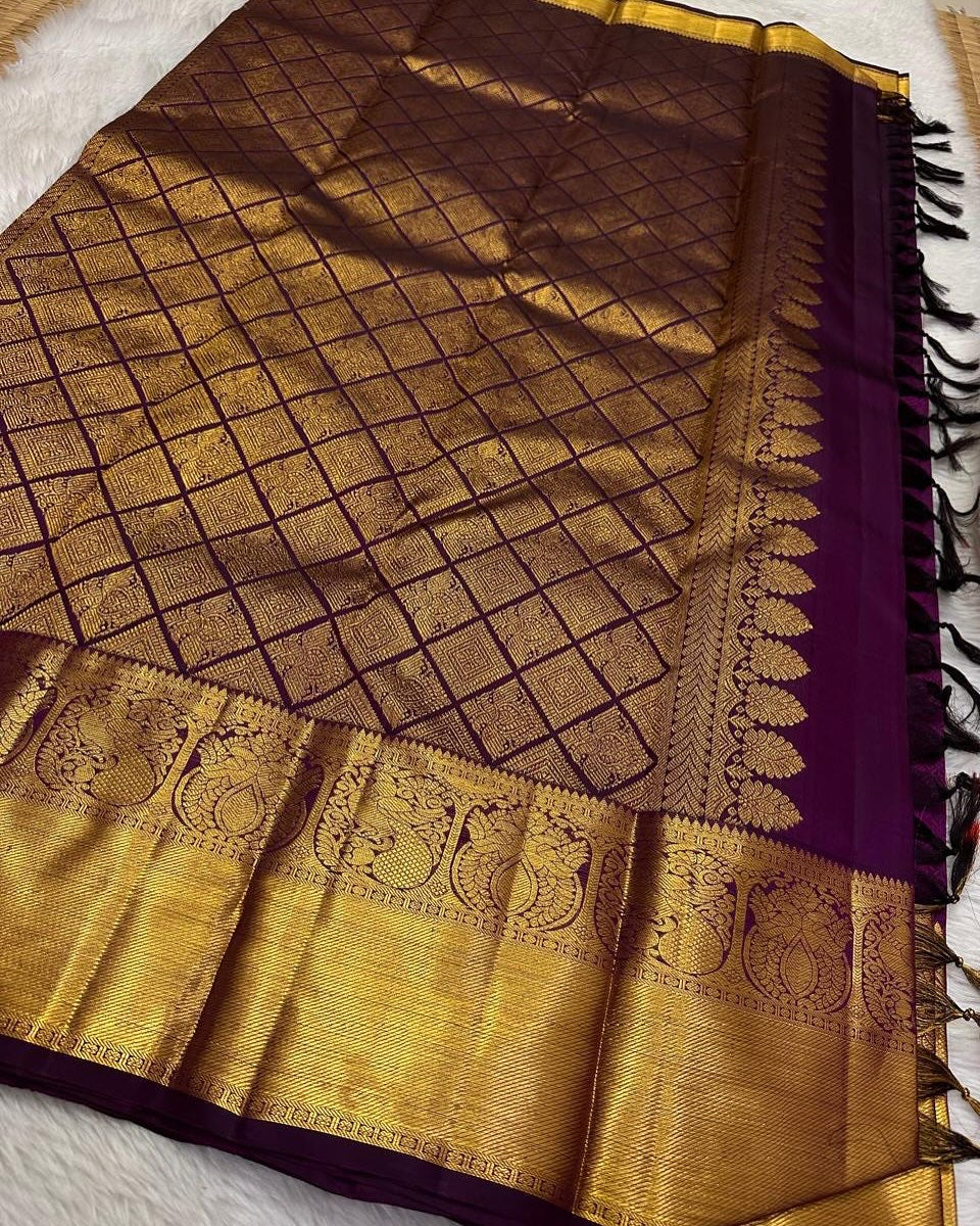 Magenta Pure Silk Saree with Gold Zari Buttas & Traditional Border