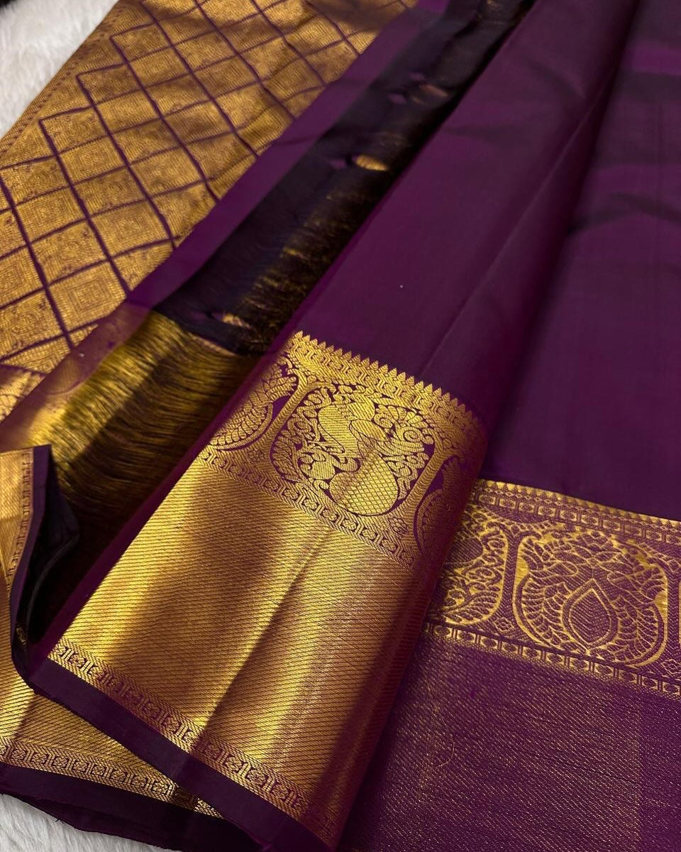 Magenta Pure Silk Saree with Gold Zari Buttas & Traditional Border