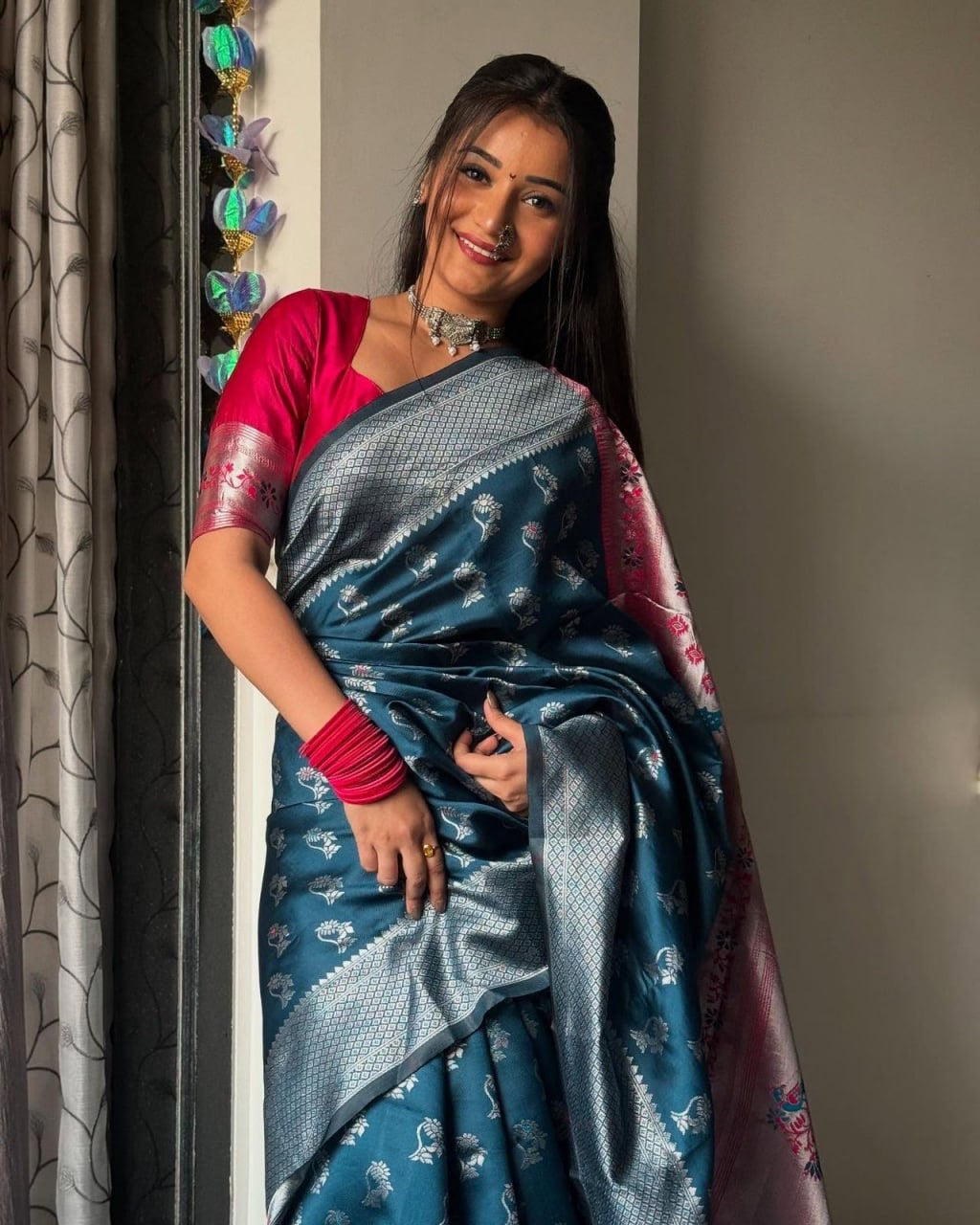 Teal Blue Silk Saree with Silver Zari Weaving & Contrast Pink Blouse
