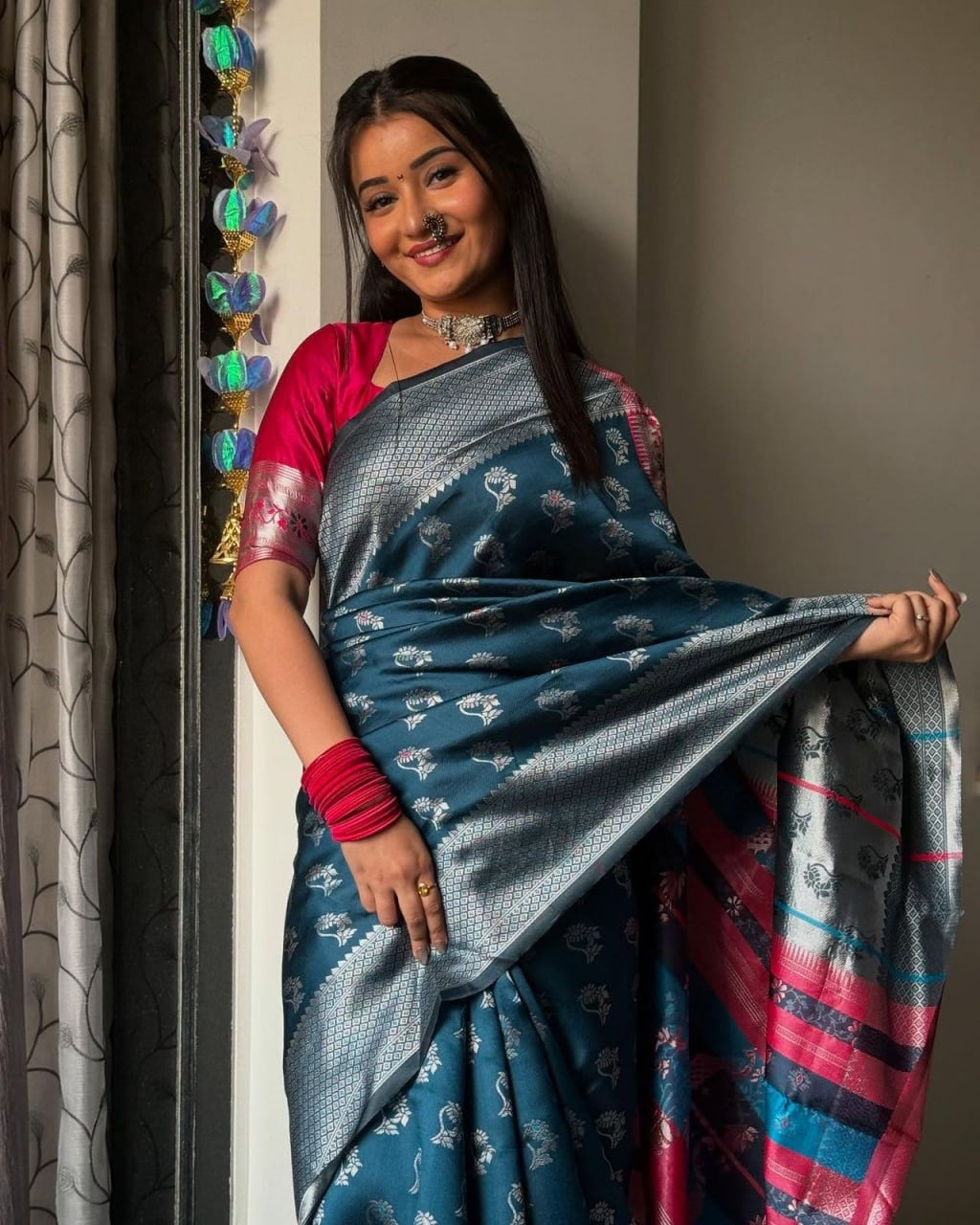 Teal Blue Silk Saree with Silver Zari Weaving & Contrast Pink Blouse