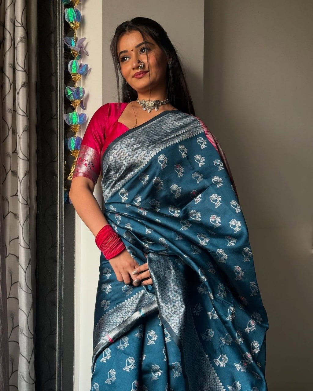 Teal Blue Silk Saree with Silver Zari Weaving & Contrast Pink Blouse