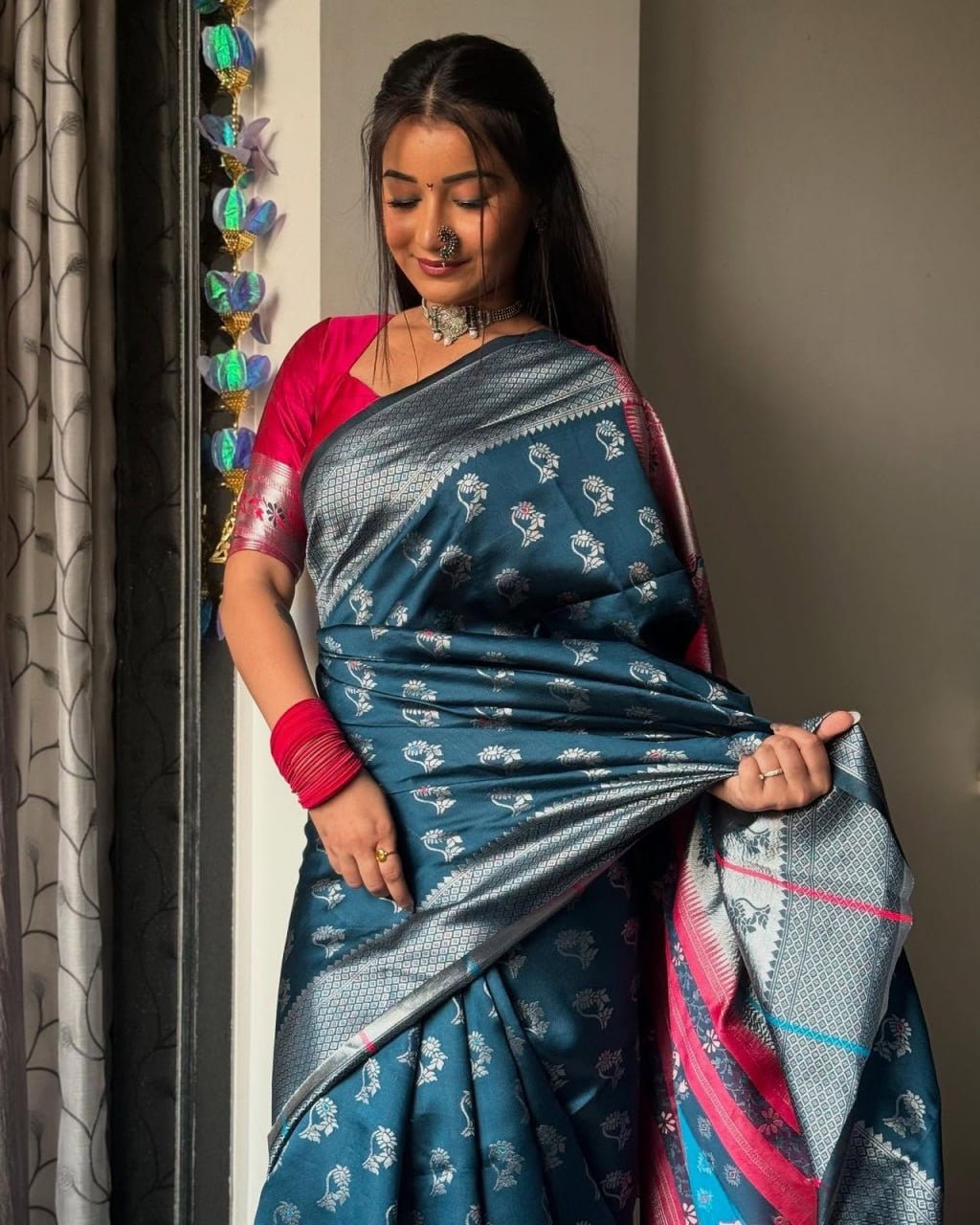 Teal Blue Silk Saree with Silver Zari Weaving & Contrast Pink Blouse